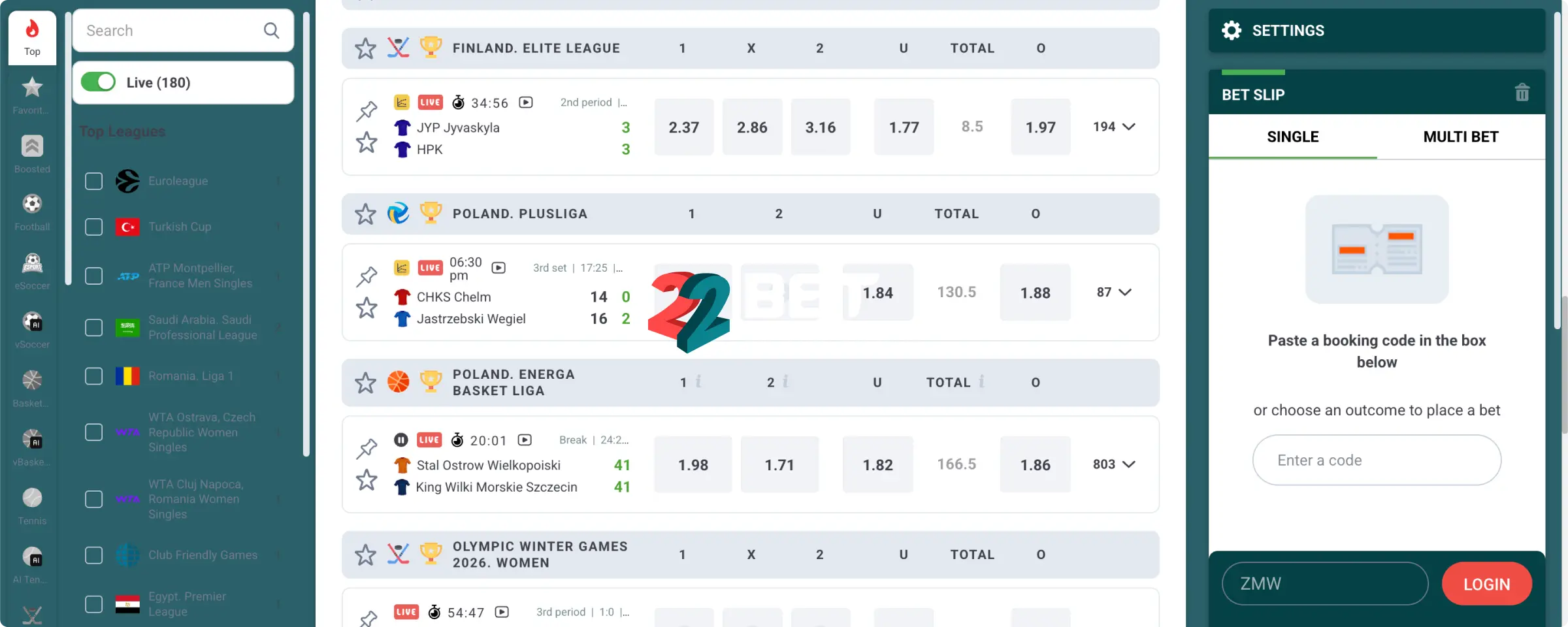22Bet Live Bets and Dealers